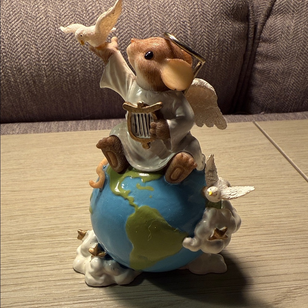 Charming Tails Heavenly Mouse Angel on Blue Globe Figurine